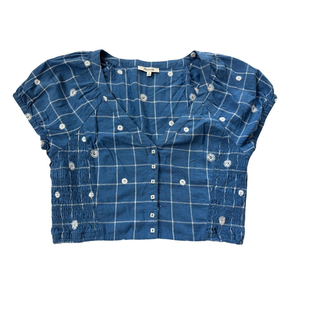 Madewell Blue Windowpane Plaid Embroidered Floral Button Front Crop Top Size 8